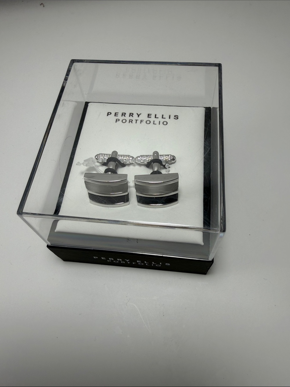 Perry Ellis Silver and Black Striped Cufflinks